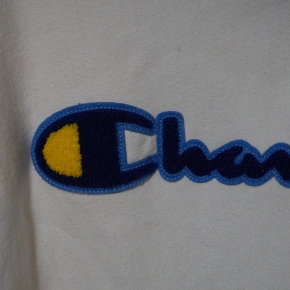Champion Reverse Weave Hoodie Sweatshirt Blue‎ Yellow Logo White Mens Large - Picture 7 of 9